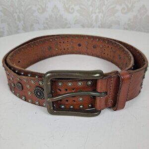 Brown Leather Belt Gold Tone Studded Embellished Perforated 42" x 1.5"